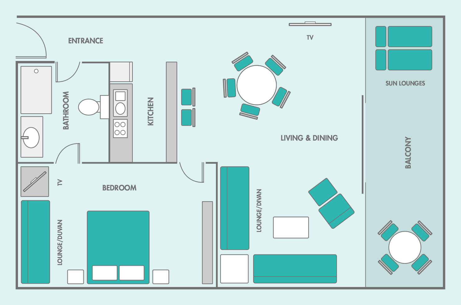 One-bedroom apartment floor plan layout at Whitsunday Apartments Hamilton Island, featuring a full kitchen, living area, separate bedroom, and large balcony with sun lounges